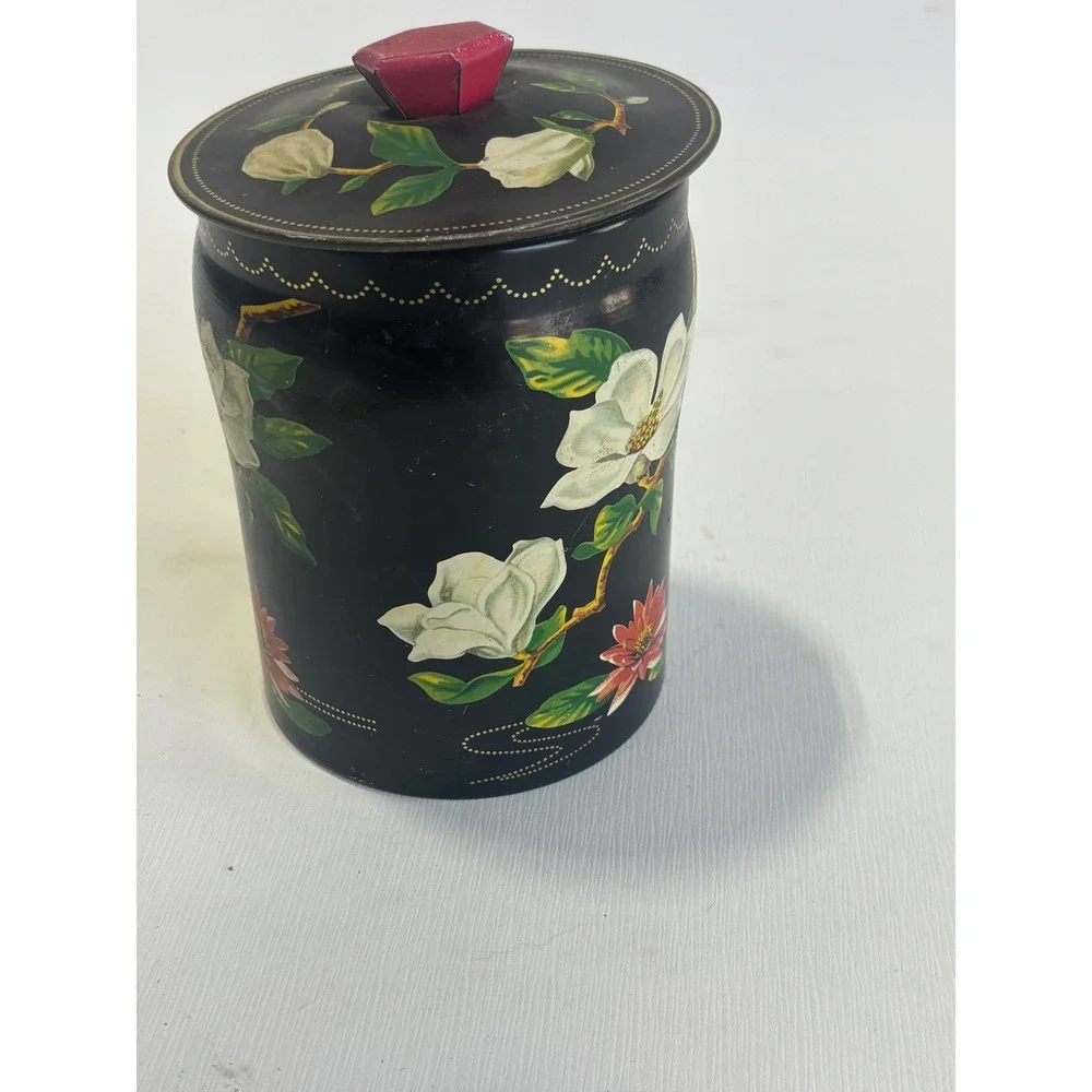 Vintage George W Horner Magnolia Floral Toffee Tin Made in England Black‎ Metal